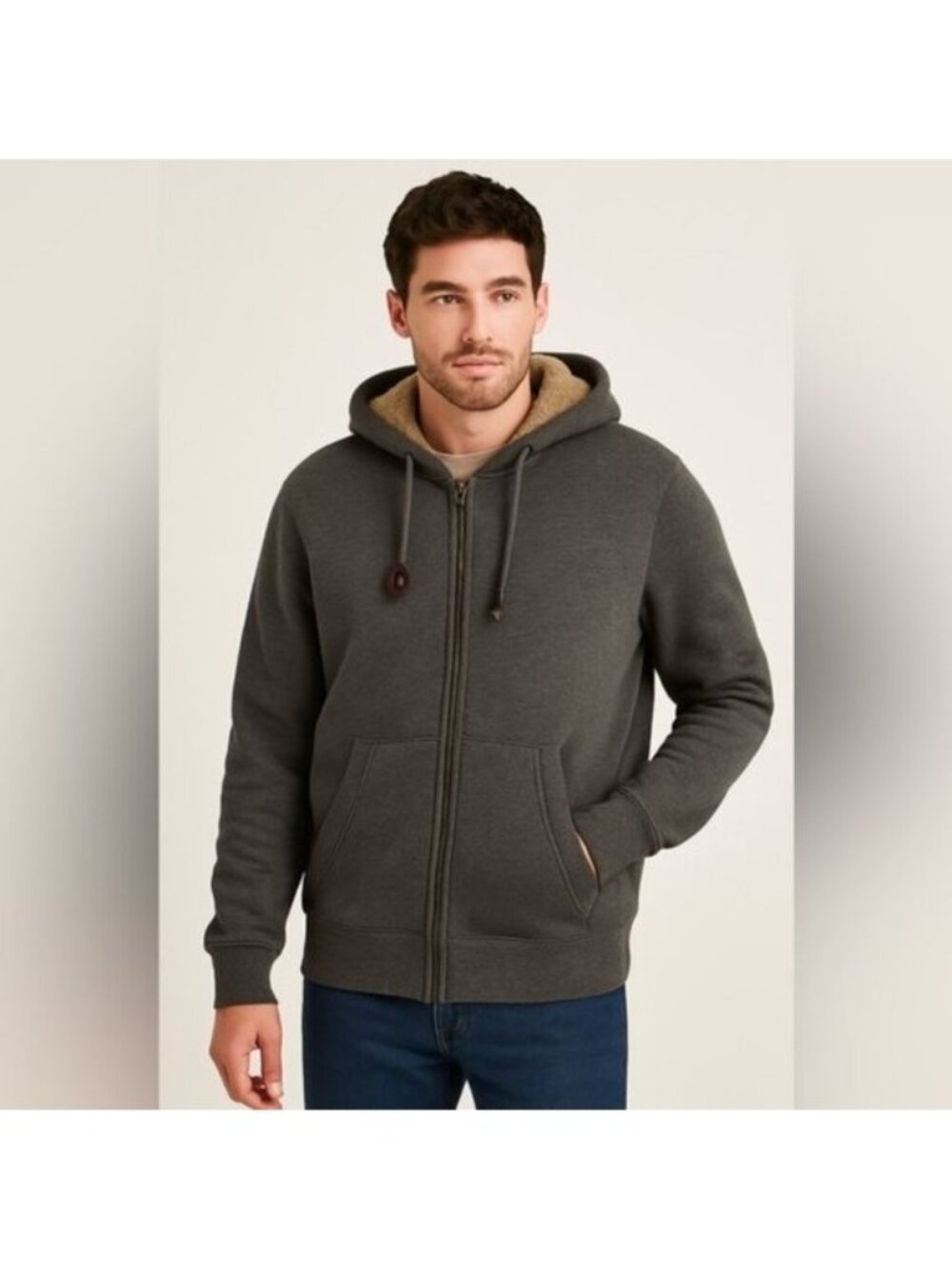 Tu Sherpa-Lined Full Zip Hoodie in Charcoal Gray - Size XL